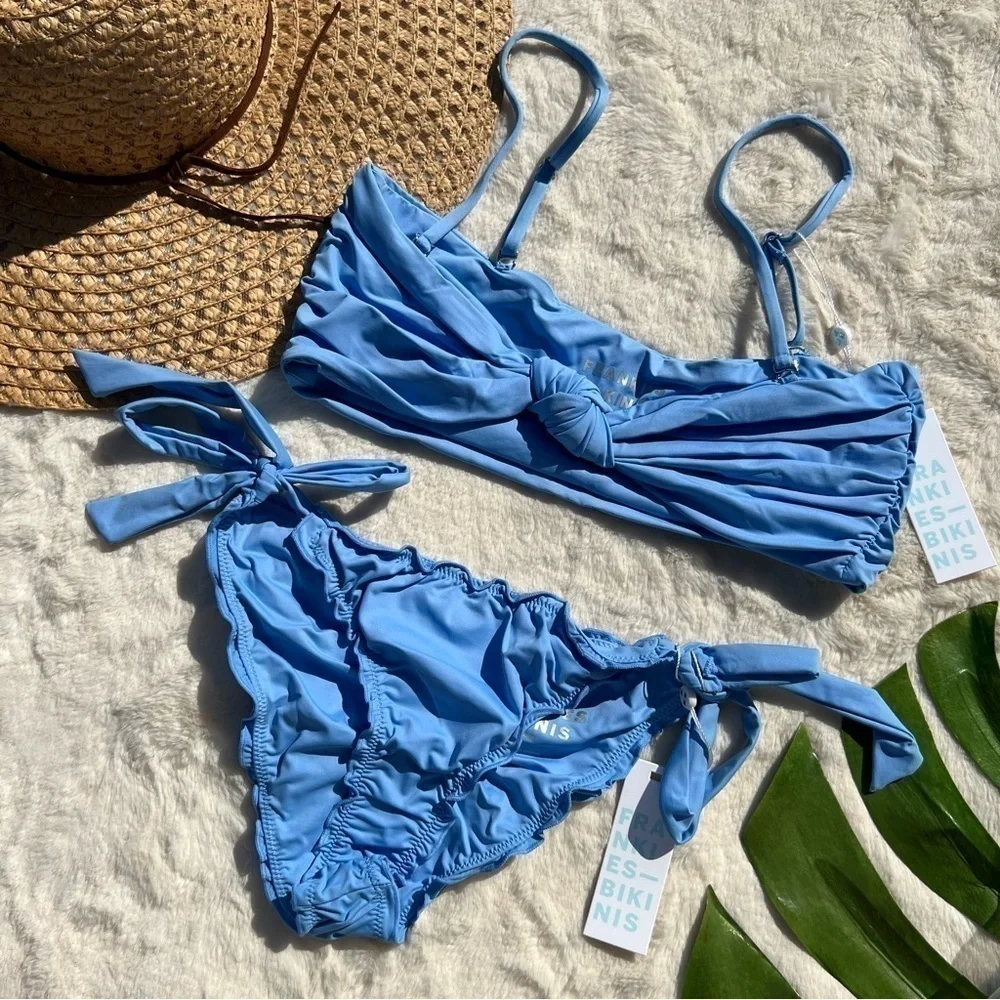 Frankie’s Bikinis Carrie Knot Top Colby Tie Side Bikini Set Chambray Blue NWT